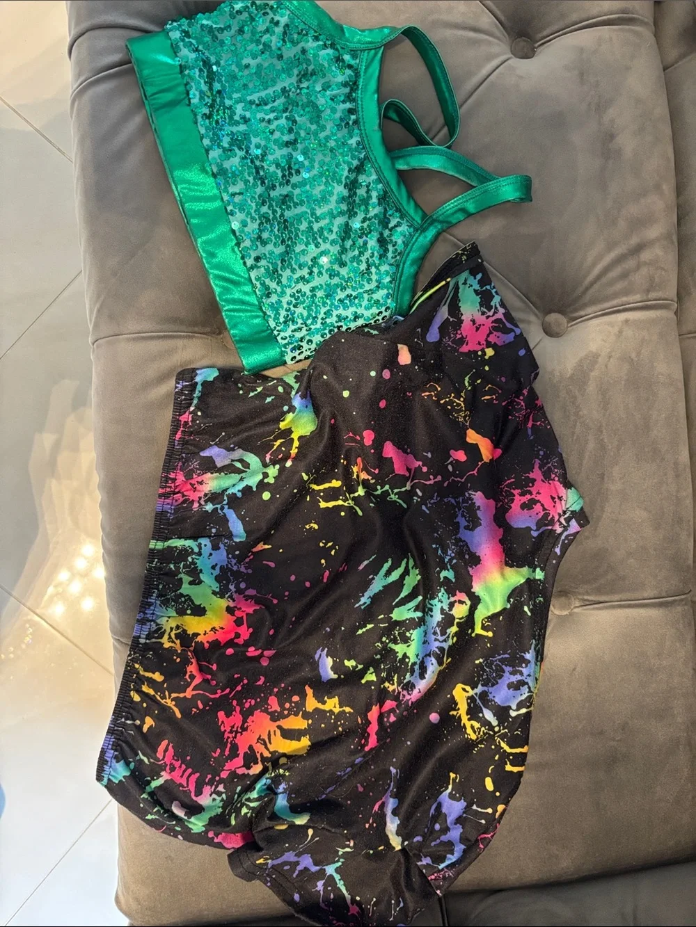 Green Sequin Crop Top & Black Neon Splash Shirt Set